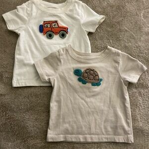 Pair of Baby Tees with Orange Car and Teal Turtle Appliques